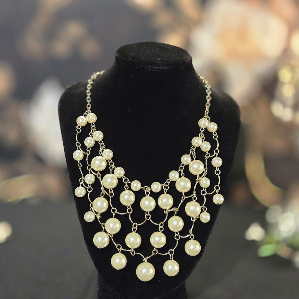 Vintage Faux Pearl Bib Collar Retro Multi Strand Statement Necklace Gold Tone